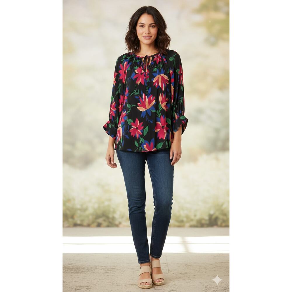 NWT Karen Kane Women's Boho Floral Print Tie-Neck Blouson Sleeve Top Relaxed XS